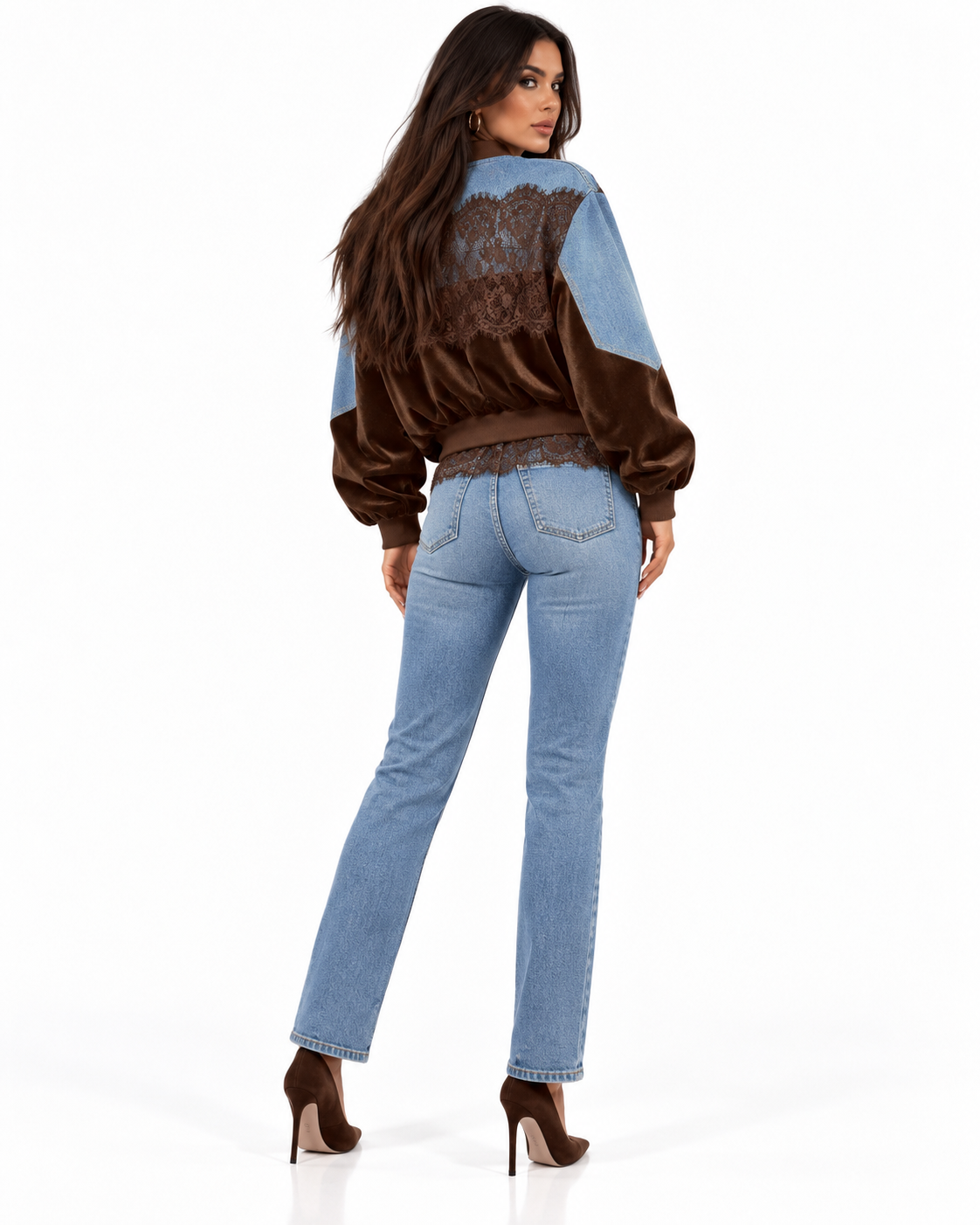 Geacă bomber din denim și catifea cu dantelă
