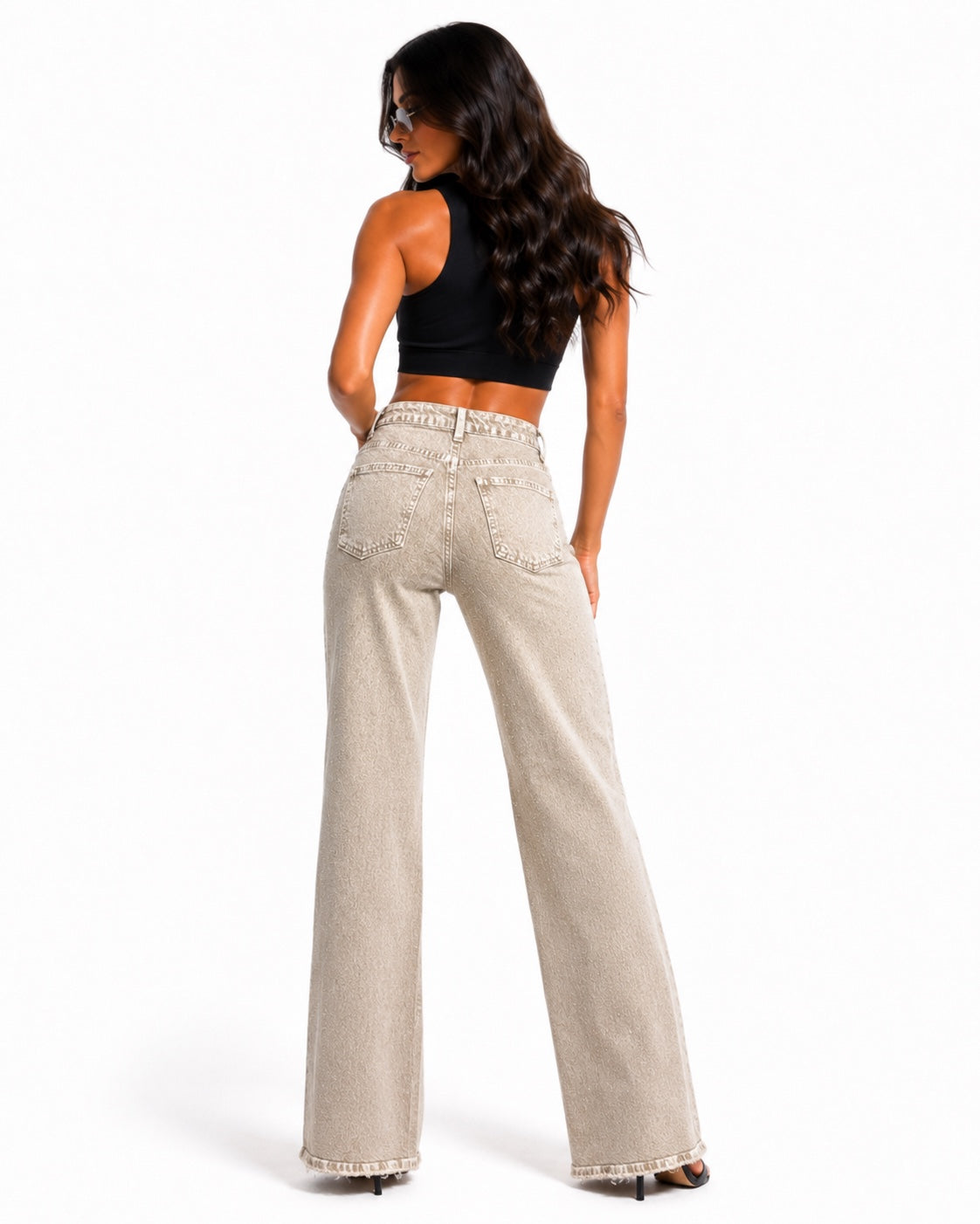 Blugi damă wide leg bej cu efect vintage și detalii strălucitoare