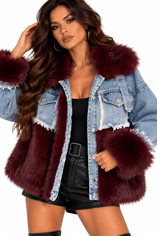Geacă Premium Denim & Blană Burgundy – Luxury Collection