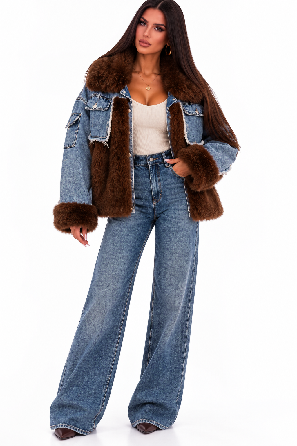 Geacă damă din denim cu blană ecologică Luxury – Talie unică