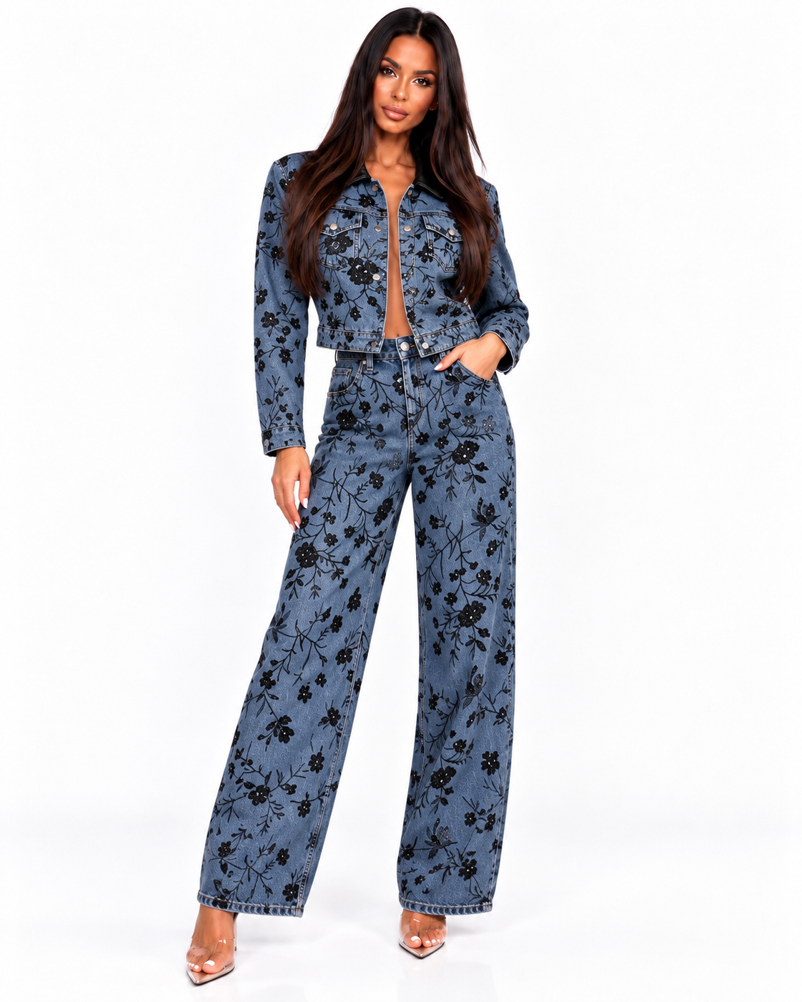 Compleu din denim cu imprimeu floral full paiete