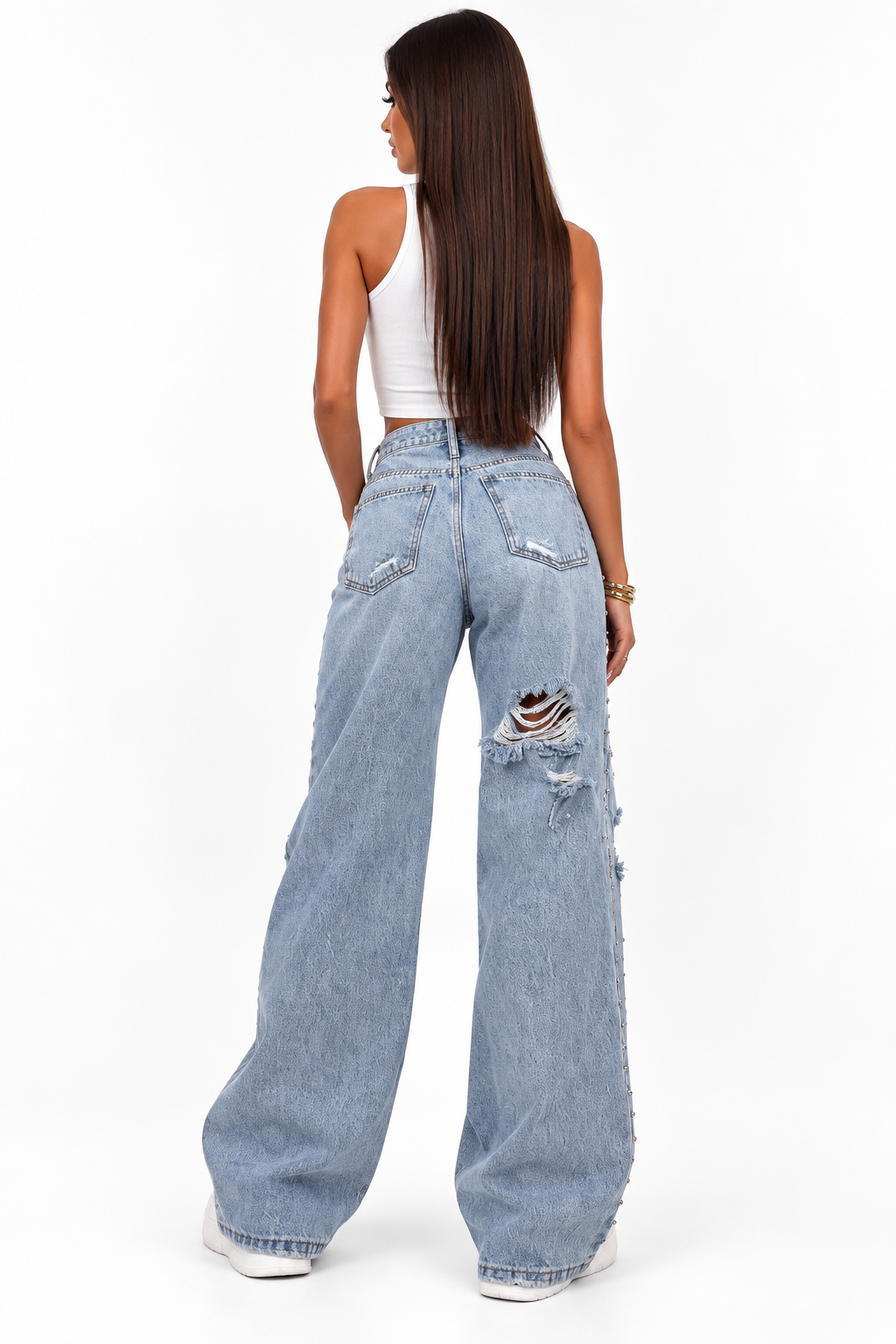 Blugi damă wide leg bleu rupți cu ținte