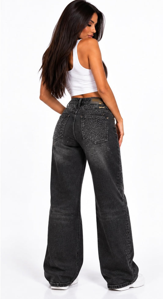 Blugi Damă Wide Leg cu Pietricele Strălucitoare – Black Luxury