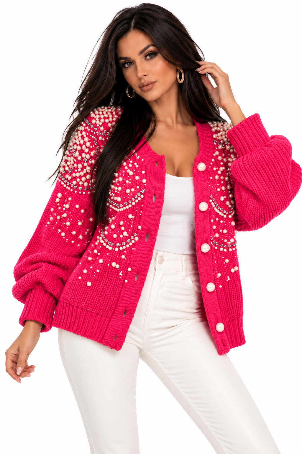 Cardigan Luxury Roz Fucsia cu Perle și Pietricele Strălucitoare