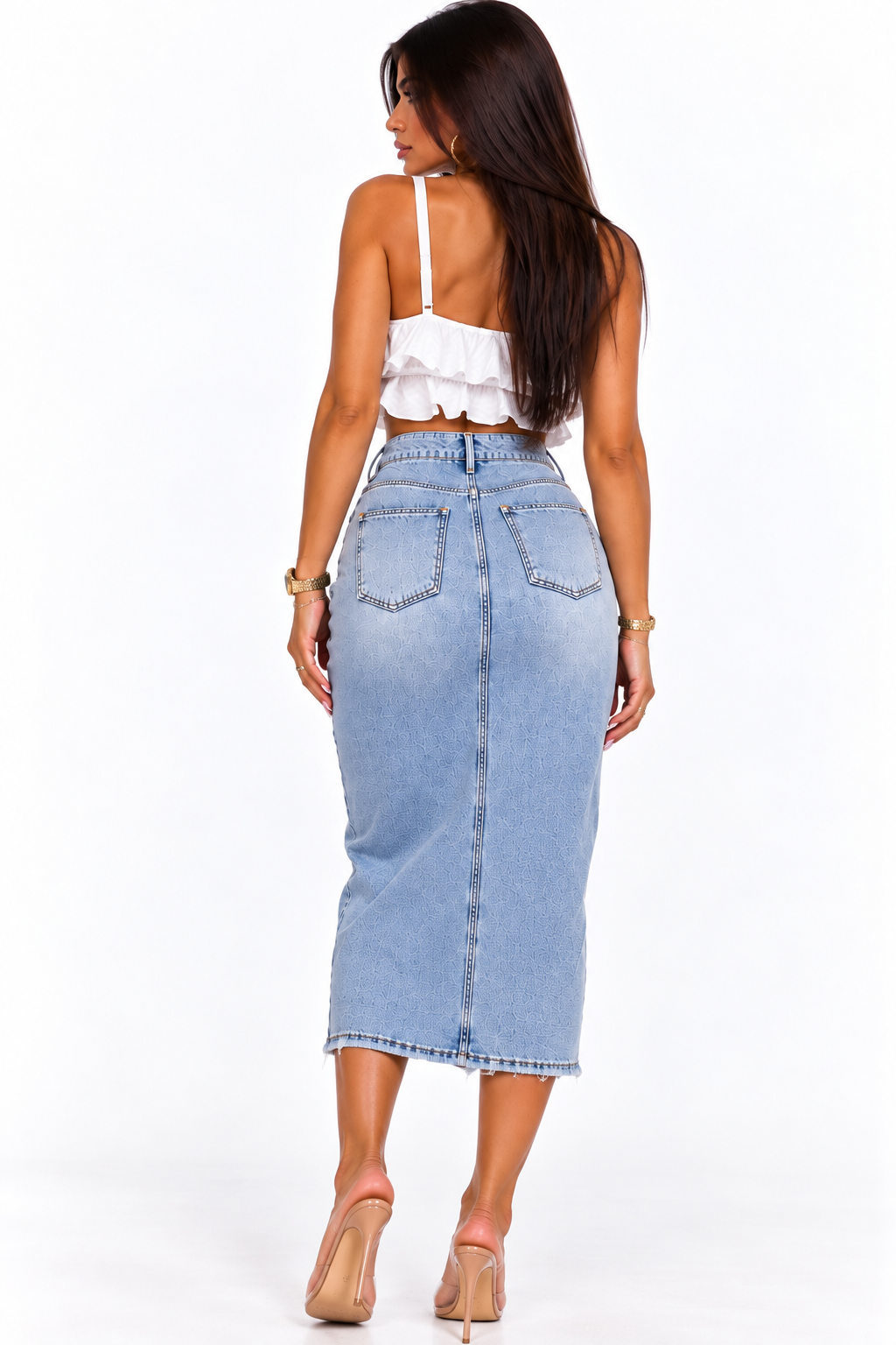 Fustă Denim Midi cu Șliț Frontal – Denim Blue