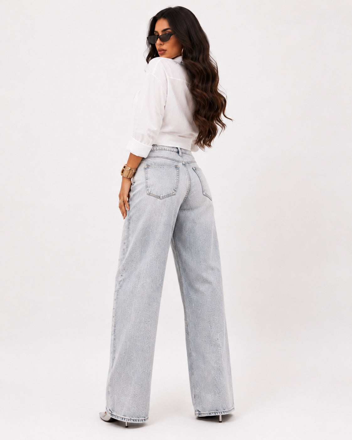 Blugi damă wide leg bleu cu efect washed și pietricele