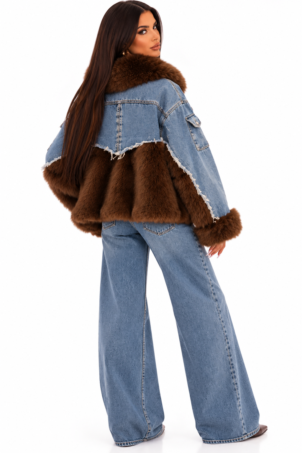Geacă damă din denim cu blană ecologică Luxury – Talie unică
