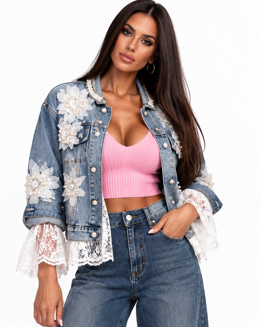 Geacă damă din denim cu aplicații florale