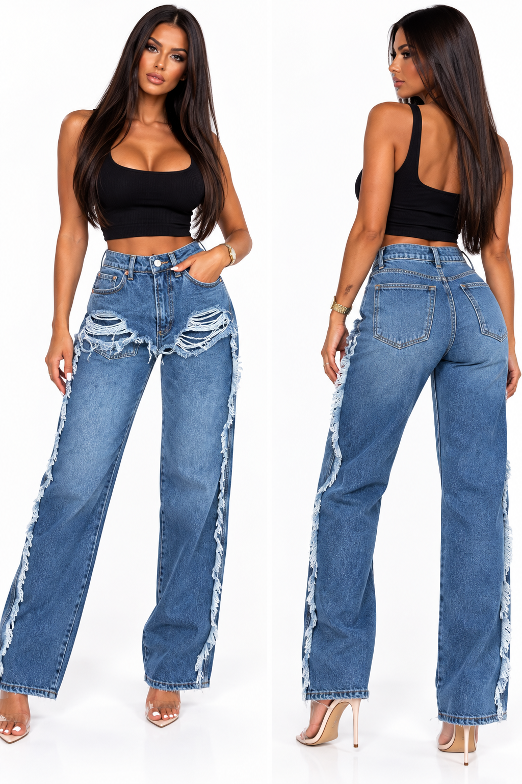Blugi Damă Wide Leg cu Detalii Decorative – Denim Blue