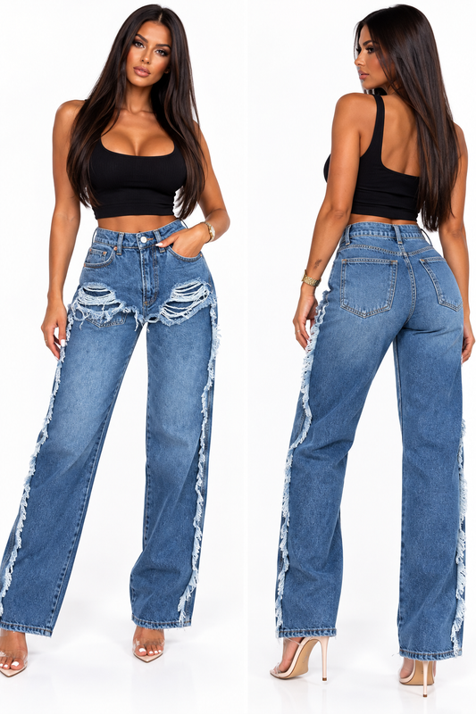 Blugi Damă Wide Leg cu Detalii Decorative – Denim Blue