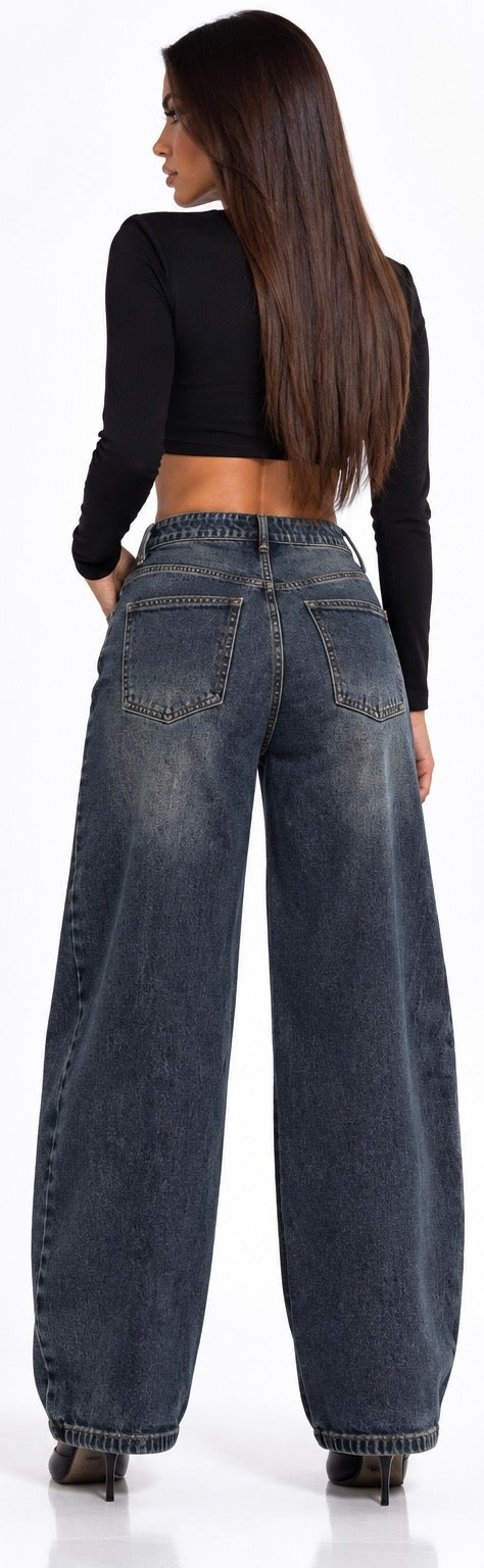 Blugi Damă Baggy cu ținte și găurele – Denim verde Închis