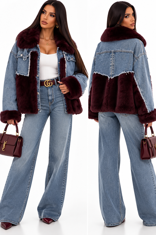 Geacă damă din denim cu blană ecologică Luxury – Talie unică