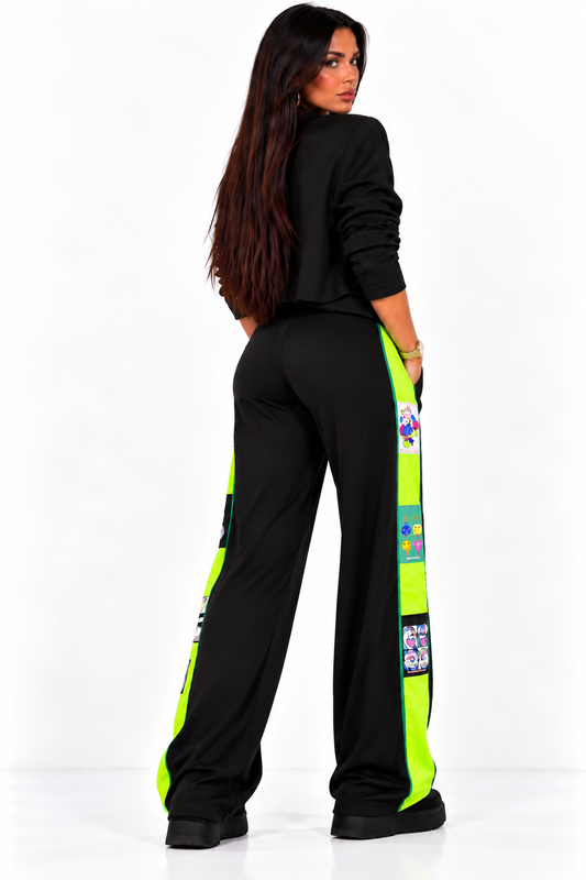 Pantaloni Wide Leg cu Bandă Verde Neon – 100% Bumbac