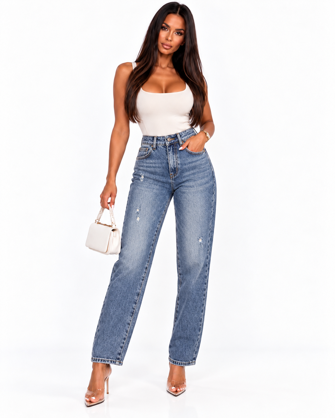 Blugi mom fit cu aspect prespălat