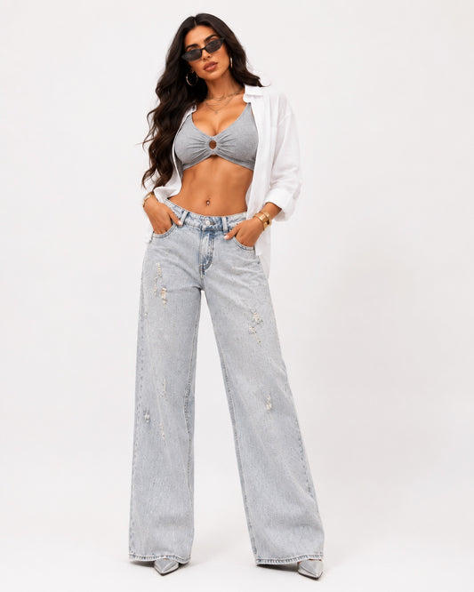 Blugi damă wide leg bleu cu efect washed și pietricele