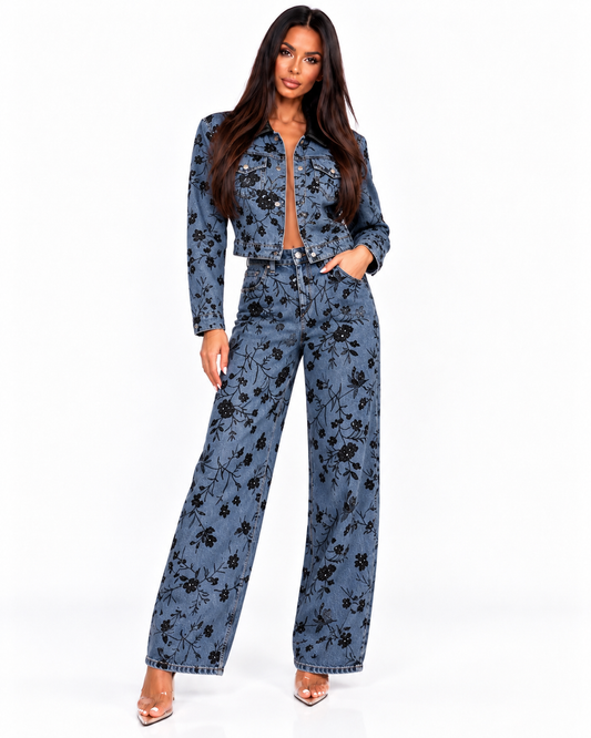 Compleu din denim cu imprimeu floral full paiete