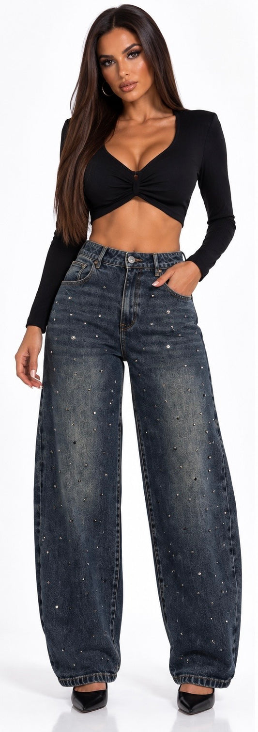 Blugi Damă Baggy cu ținte și găurele – Denim verde Închis