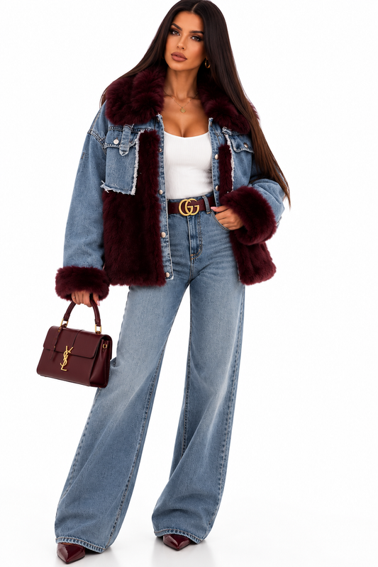 Geacă damă din denim cu blană ecologică Luxury – Talie unică