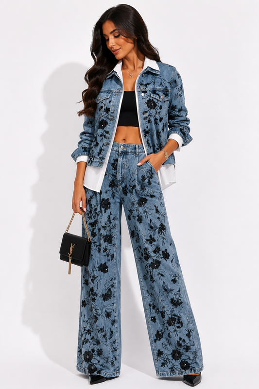 Compleu din denim cu imprimeu floral full paiete
