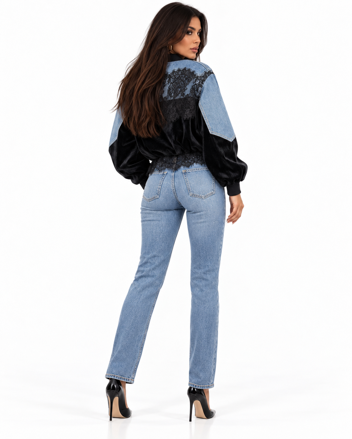 Geacă bomber din denim și catifea cu dantelă