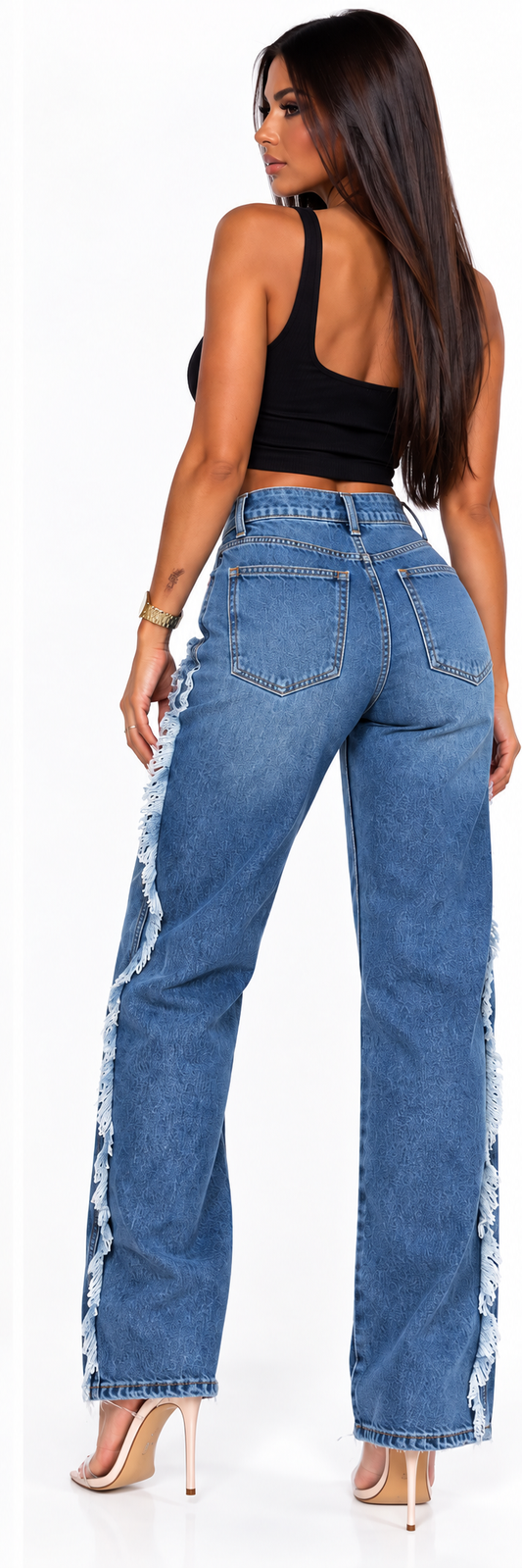 Blugi Damă Wide Leg cu Detalii Decorative – Denim Blue