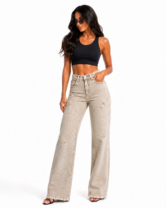 Blugi damă wide leg bej cu efect vintage și detalii strălucitoare