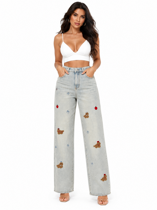 Blugi damă mom fit  crem cu aplicații decorative