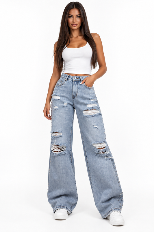 Blugi damă wide leg bleu rupți cu ținte