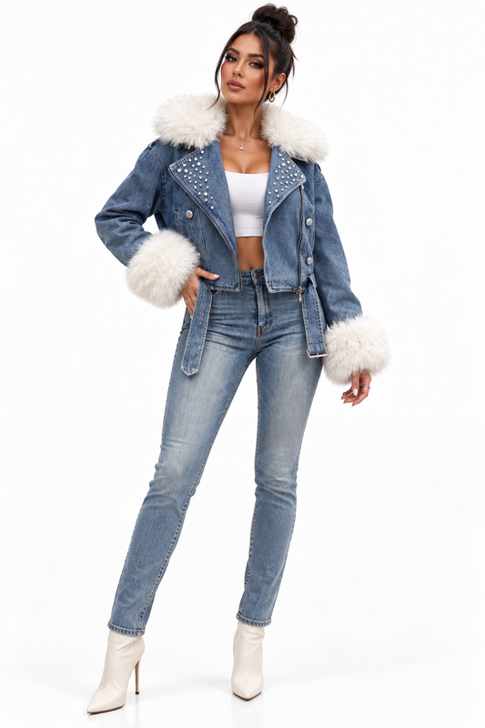 Geacă din denim îmblănită cu pietricele