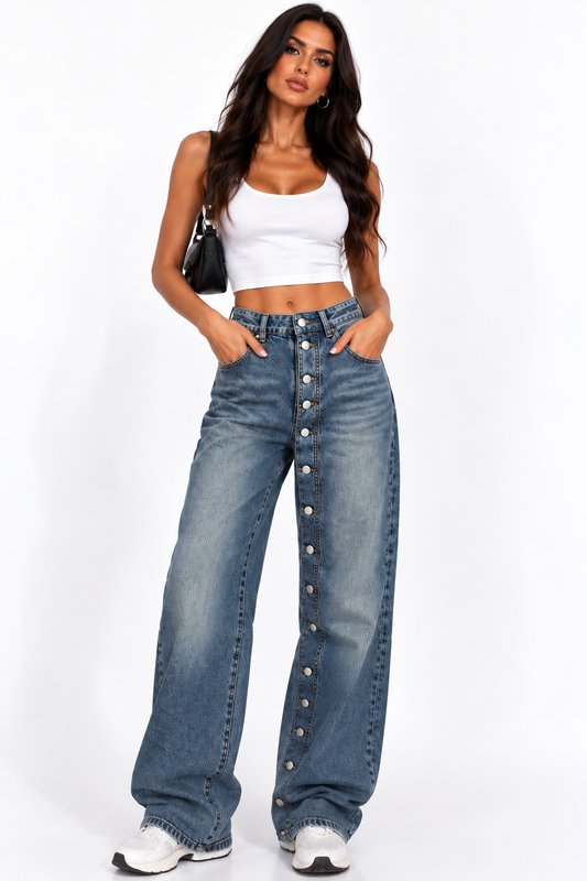 Blugi Damă Wide Leg cu Nasturi pe Toată Lungimea – Denim Blue