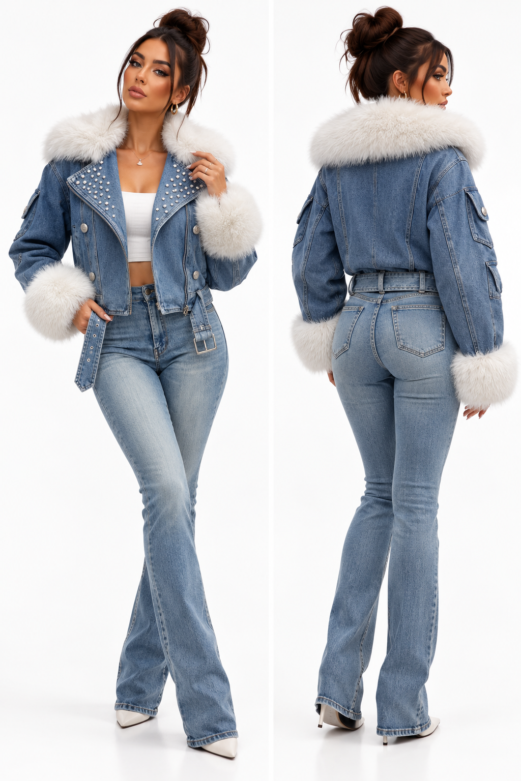 Geacă din denim îmblănită cu pietricele
