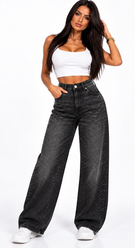 Blugi Damă Wide Leg cu Pietricele Strălucitoare – Black Luxury