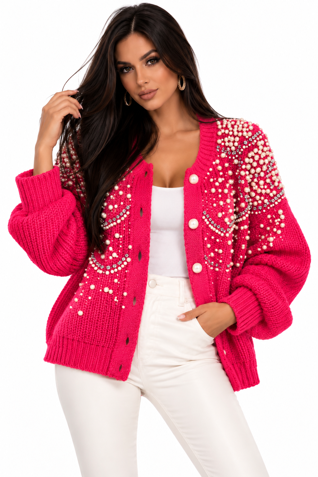 Cardigan Luxury Roz Fucsia cu Perle și Pietricele Strălucitoare