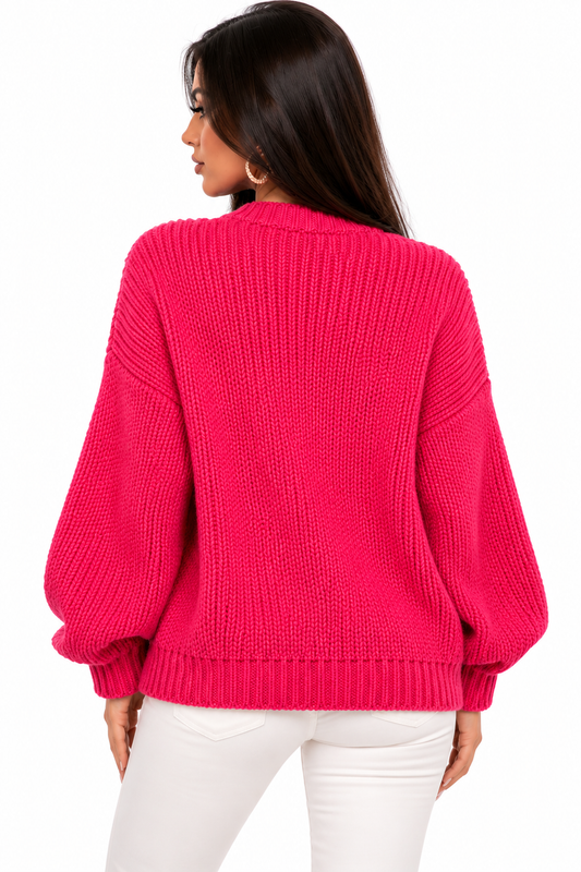 Cardigan Luxury Roz Fucsia cu Perle și Pietricele Strălucitoare