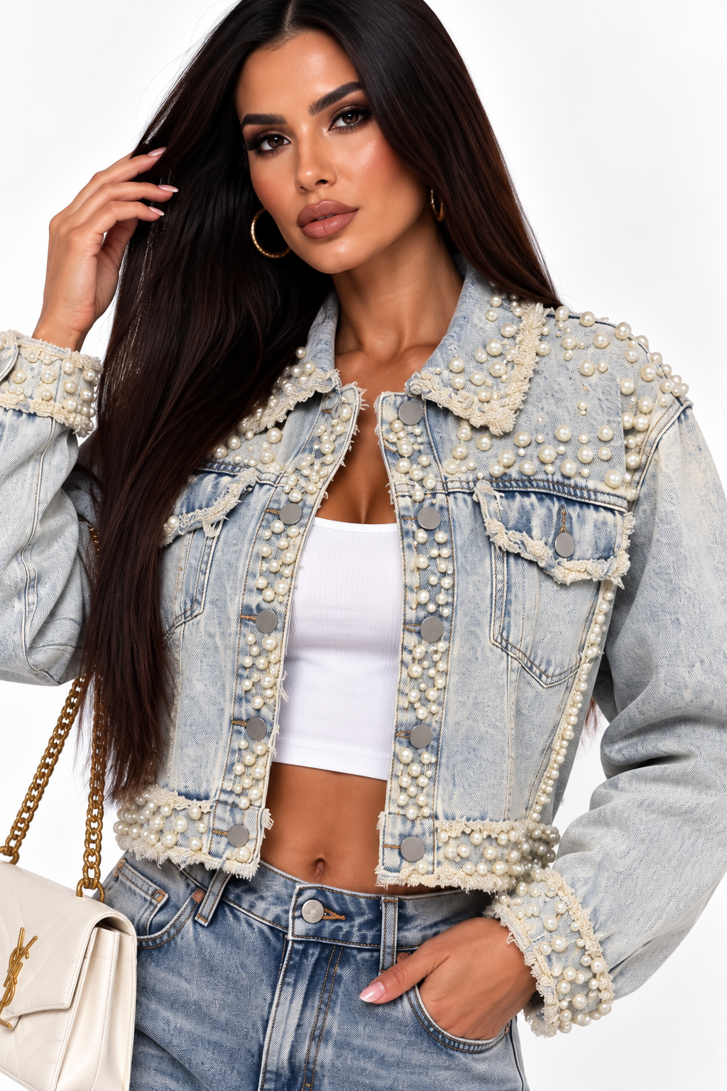 Geacă Denim Luxury cu Perle – Premium Collection