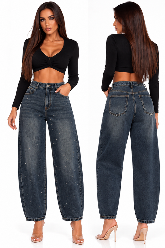 Blugi Damă Baggy cu ținte și găurele – Denim verde Închis
