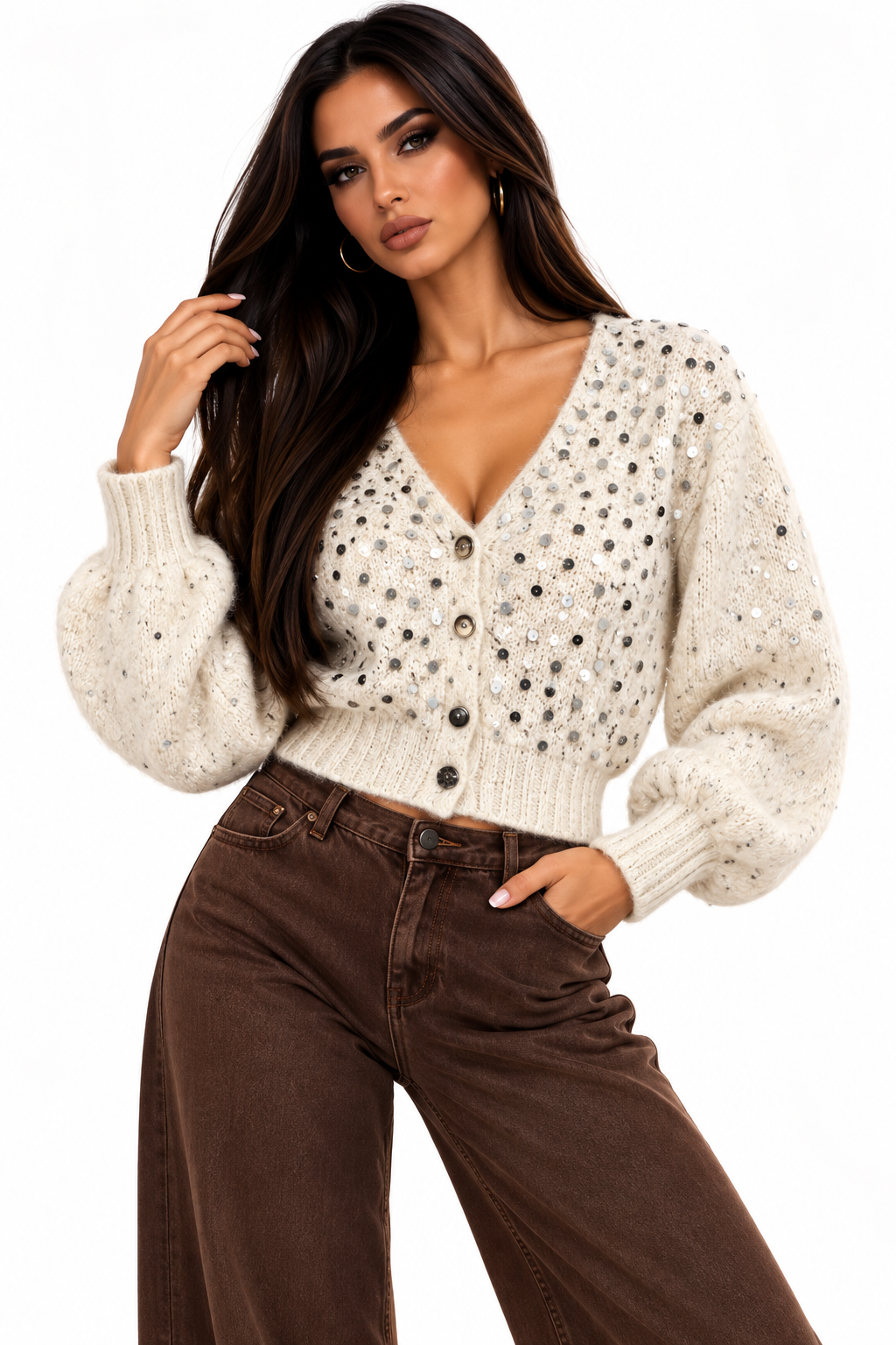 Cardigan Pufos cu Paiete Strălucitoare – White Edition