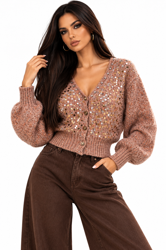 Cardigan Pufos cu Paiete Strălucitoare – White Edition